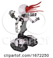 Poster, Art Print Of Mech Containing Bright Red Jellyfish Tentacles Fiber Optic Design And Light Chest Exoshielding And Ultralight Chest Exosuit And Minigun Back Assembly And Tank Tracks White Halftone Toon Interacting
