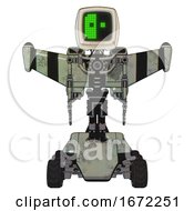 Poster, Art Print Of Droid Containing Old Computer Monitor And Abstract Mask Pixel Face And Light Chest Exoshielding And Stellar Jet Wing Rocket Pack And No Chest Plating And Six-Wheeler Base Green Metal Front View