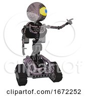 Poster, Art Print Of Robot Containing Giant Eyeball Head Design And Light Chest Exoshielding And Rocket Pack And No Chest Plating And Tank Tracks Dark Sketchy Pointing Left Or Pushing A Button