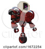 Automaton Containing Old Computer Monitor And Magenta Symbol Display And Red Buttons And Heavy Upper Chest And Heavy Mech Chest And Battle Mech Chest And Unicycle Wheel Grunge Dots Cherry Tomato Red