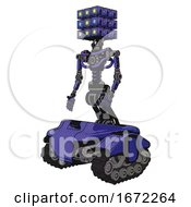 Poster, Art Print Of Mech Containing Dual Retro Camera Head And Cube Array Head And Light Chest Exoshielding And No Chest Plating And Tank Tracks Primary Blue Halftone Facing Right View
