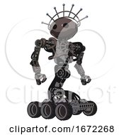 Poster, Art Print Of Android Containing Oval Wide Head And Techno Halo Ornament And Heavy Upper Chest And No Chest Plating And Six-Wheeler Base Light Brown Hero Pose