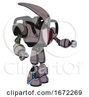 Poster, Art Print Of Mech Containing Flat Elongated Skull Head And Heavy Upper Chest And Red Shield Defense Design And Light Leg Exoshielding And Megneto-Hovers Foot Mod Halftone Gray Interacting