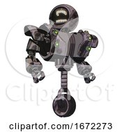 Poster, Art Print Of Mech Containing Round Head Chomper Design And Heavy Upper Chest And Heavy Mech Chest And Green Cable Sockets Array And Unicycle Wheel Sketch Pad Wet Ink Smudge Hero Pose