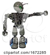 Poster, Art Print Of Bot Containing Grey Alien Style Head And Green Demon Eyes And Bug Antennas And Heavy Upper Chest And No Chest Plating And Light Leg Exoshielding And Megneto-Hovers Foot Mod Concrete Grey Metal
