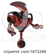 Poster, Art Print Of Automaton Containing Flat Elongated Skull Head And Visor And Heavy Upper Chest And Unicycle Wheel Light Brick Red Interacting