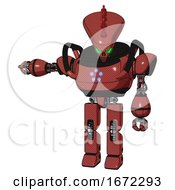Poster, Art Print Of Mech Containing Flat Elongated Skull Head And Heavy Upper Chest And Circle Of Blue Leds And Prototype Exoplate Legs Light Brick Red Arm Out Holding Invisible Object