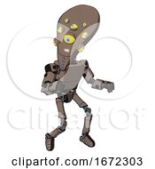 Poster, Art Print Of Automaton Containing Flat Elongated Skull Head And Yellow Eyeball Array And Light Chest Exoshielding And Prototype Exoplate Chest And Ultralight Foot Exosuit Khaki Halftone Fight Or Defense Pose