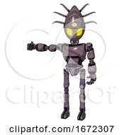 Poster, Art Print Of Automaton Containing Grey Alien Style Head And Yellow Eyes And Eyeball Creature Crown And Light Chest Exoshielding And Cable Sash And Ultralight Foot Exosuit Lilac Metal