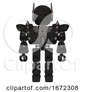 Poster, Art Print Of Mech Containing Round Head And Bug Eye Array And Head Winglets And Heavy Upper Chest And Heavy Mech Chest And Shoulder Spikes And Prototype Exoplate Legs Toon Black Scribbles Sketch Front View