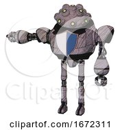 Poster, Art Print Of Cyborg Containing Techno Multi-Eyed Domehead Design And Heavy Upper Chest And Blue Shield Defense Design And Ultralight Foot Exosuit Dark Sketch Lines Arm Out Holding Invisible Object