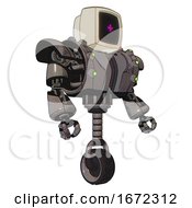 Poster, Art Print Of Droid Containing Old Computer Monitor And Magenta Symbol Display And Heavy Upper Chest And Heavy Mech Chest And Green Cable Sockets Array And Unicycle Wheel Light Pink Beige Facing Left View
