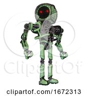 Poster, Art Print Of Robot Containing Round Barbed Wire Round Head And Heavy Upper Chest And No Chest Plating And Ultralight Foot Exosuit Green Tint Toon Hero Pose