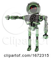 Poster, Art Print Of Robot Containing Round Barbed Wire Round Head And Heavy Upper Chest And No Chest Plating And Ultralight Foot Exosuit Green Tint Toon Arm Out Holding Invisible Object