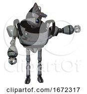 Poster, Art Print Of Droid Containing Grey Alien Style Head And Electric Eyes And Alien Bug Creature Hat And Heavy Upper Chest And Ultralight Foot Exosuit Patent Concrete Gray Metal Pointing Left Or Pushing A Button