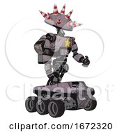 Poster, Art Print Of Bot Containing Red And White Cone Dome Head And Light Chest Exoshielding And Yellow Star And Rocket Pack And Six-Wheeler Base Dark Sketch Random Doodle Facing Left View