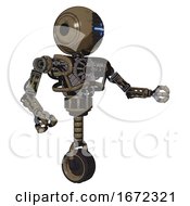 Poster, Art Print Of Robot Containing Round Head And Vertical Cyclops Visor And Heavy Upper Chest And No Chest Plating And Unicycle Wheel Desert Tan Painted Interacting