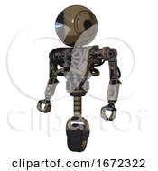 Poster, Art Print Of Robot Containing Round Head And Vertical Cyclops Visor And Heavy Upper Chest And No Chest Plating And Unicycle Wheel Desert Tan Painted Standing Looking Right Restful Pose