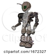 Poster, Art Print Of Mech Containing Grey Alien Style Head And Led Array Eyes And Bug Antennas And Heavy Upper Chest And No Chest Plating And Light Leg Exoshielding And Spike Foot Mod Patent Khaki Metal