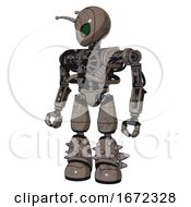 Poster, Art Print Of Mech Containing Grey Alien Style Head And Led Array Eyes And Bug Antennas And Heavy Upper Chest And No Chest Plating And Light Leg Exoshielding And Spike Foot Mod Patent Khaki Metal