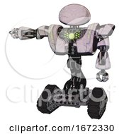 Poster, Art Print Of Bot Containing Dome Head And Heavy Upper Chest And Heavy Mech Chest And Green Energy Core And Tank Tracks Sketch Pad Dots Pattern Arm Out Holding Invisible Object
