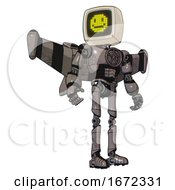 Robot Containing Old Computer Monitor And Pixel Design Of Yellow Happy Face And Light Chest Exoshielding And Chest Valve Crank And Stellar Jet Wing Rocket Pack And Ultralight Foot Exosuit