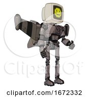 Robot Containing Old Computer Monitor And Pixel Design Of Yellow Happy Face And Light Chest Exoshielding And Chest Valve Crank And Stellar Jet Wing Rocket Pack And Ultralight Foot Exosuit