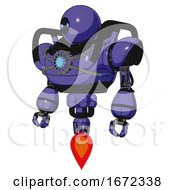 Poster, Art Print Of Droid Containing Dual Retro Camera Head And Black Circle Blue Eyes Head And Heavy Upper Chest And Chest Blue Energy Core And Jet Propulsion Primary Blue Halftone Standing Looking Right Restful Pose