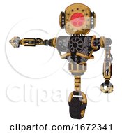 Poster, Art Print Of Android Containing Round Head And Red Laser Crystal Array And Head Light Gadgets And Heavy Upper Chest And No Chest Plating And Unicycle Wheel Construction Yellow Halftone