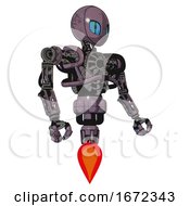 Poster, Art Print Of Cyborg Containing Grey Alien Style Head And Blue Grate Eyes And Heavy Upper Chest And No Chest Plating And Jet Propulsion Lilac Metal Facing Left View