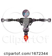 Poster, Art Print Of Cyborg Containing Grey Alien Style Head And Blue Grate Eyes And Heavy Upper Chest And No Chest Plating And Jet Propulsion Lilac Metal T-Pose