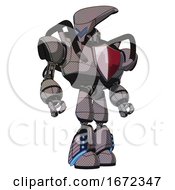 Poster, Art Print Of Mech Containing Flat Elongated Skull Head And Heavy Upper Chest And Red Shield Defense Design And Light Leg Exoshielding And Megneto-Hovers Foot Mod Halftone Gray Hero Pose