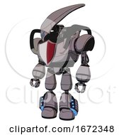 Poster, Art Print Of Mech Containing Flat Elongated Skull Head And Heavy Upper Chest And Red Shield Defense Design And Light Leg Exoshielding And Megneto-Hovers Foot Mod Halftone Gray