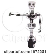 Poster, Art Print Of Mech Containing Humanoid Face Mask And Skeleton War Paint And Light Chest Exoshielding And No Chest Plating And Unicycle Wheel White Halftone Toon Arm Out Holding Invisible Object