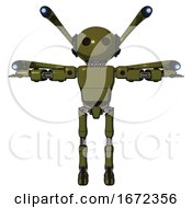 Poster, Art Print Of Android Containing Oval Wide Head And Light Chest Exoshielding And Prototype Exoplate Chest And Blue-Eye Cam Cable Tentacles And Ultralight Foot Exosuit Army Green Halftone T-Pose