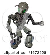 Poster, Art Print Of Bot Containing Grey Alien Style Head And Green Demon Eyes And Bug Antennas And Heavy Upper Chest And No Chest Plating And Light Leg Exoshielding And Megneto-Hovers Foot Mod Concrete Grey Metal
