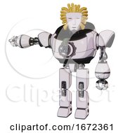 Droid Containing Humanoid Face Mask And Heavy Upper Chest And Chest Energy Gun And Prototype Exoplate Legs White Halftone Toon Arm Out Holding Invisible Object