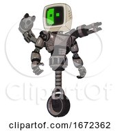 Poster, Art Print Of Robot Containing Old Computer Monitor And Abstract Mask Pixel Face And Light Chest Exoshielding And Cable Sash And Minigun Back Assembly And Unicycle Wheel Light Pink Beige Hero Pose