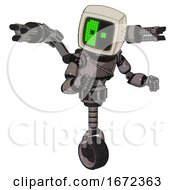 Poster, Art Print Of Robot Containing Old Computer Monitor And Abstract Mask Pixel Face And Light Chest Exoshielding And Cable Sash And Minigun Back Assembly And Unicycle Wheel Light Pink Beige Fight Or Defense Pose
