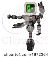 Poster, Art Print Of Robot Containing Old Computer Monitor And Abstract Mask Pixel Face And Light Chest Exoshielding And Cable Sash And Minigun Back Assembly And Unicycle Wheel Light Pink Beige