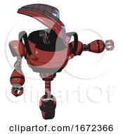 Poster, Art Print Of Automaton Containing Flat Elongated Skull Head And Visor And Heavy Upper Chest And Unicycle Wheel Light Brick Red Pointing Left Or Pushing A Button