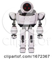 Poster, Art Print Of Droid Containing Three Led Eyes Round Head And Heavy Upper Chest And Prototype Exoplate Legs White Halftone Toon Front View