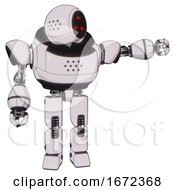 Poster, Art Print Of Droid Containing Three Led Eyes Round Head And Heavy Upper Chest And Prototype Exoplate Legs White Halftone Toon Pointing Left Or Pushing A Button