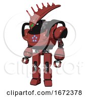 Poster, Art Print Of Mech Containing Flat Elongated Skull Head And Heavy Upper Chest And Circle Of Blue Leds And Prototype Exoplate Legs Light Brick Red Standing Looking Right Restful Pose