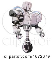 Poster, Art Print Of Bot Containing Humanoid Face Mask And Heavy Upper Chest And Heavy Mech Chest And Battle Mech Chest And Unicycle Wheel White Halftone Toon Facing Left View