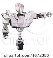 Bot Containing Humanoid Face Mask And Heavy Upper Chest And Heavy Mech Chest And Battle Mech Chest And Unicycle Wheel White Halftone Toon Pointing Left Or Pushing A Button