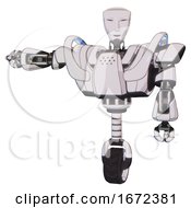 Poster, Art Print Of Bot Containing Humanoid Face Mask And Heavy Upper Chest And Heavy Mech Chest And Battle Mech Chest And Unicycle Wheel White Halftone Toon Arm Out Holding Invisible Object
