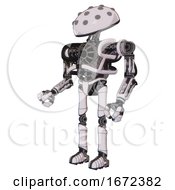 Poster, Art Print Of Mech Containing Metal Knucklehead Design And Heavy Upper Chest And No Chest Plating And Ultralight Foot Exosuit White Halftone Toon Facing Right View