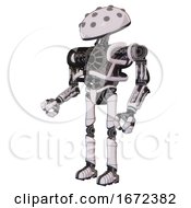Mech Containing Metal Knucklehead Design And Heavy Upper Chest And No Chest Plating And Ultralight Foot Exosuit White Halftone Toon Facing Right View