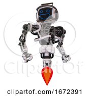 Poster, Art Print Of Cyborg Containing Digital Display Head And Wide Smile And Led And Protection Bars And Heavy Upper Chest And No Chest Plating And Jet Propulsion White Halftone Toon Hero Pose